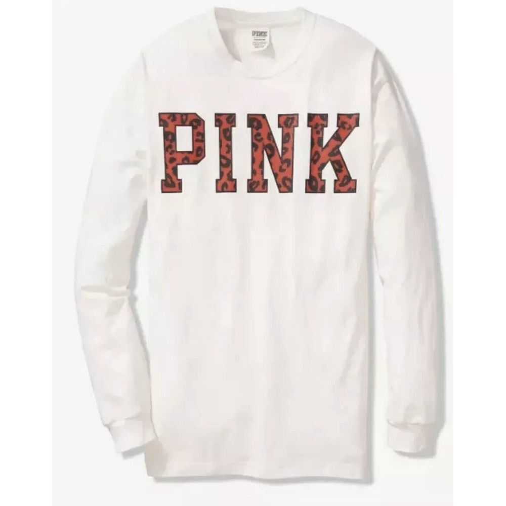 Victoria's Secret PINK Campus Tee Ivory / Red Cheetah Logo Long Sleeve Shirt S